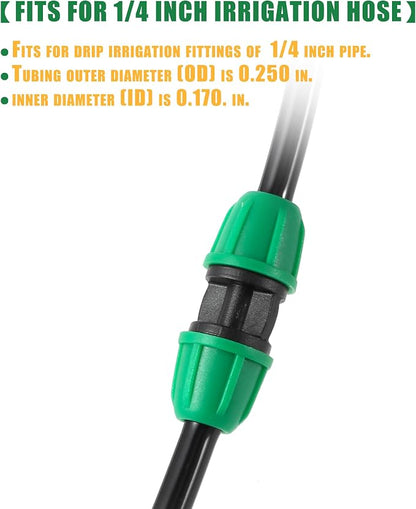 1/4 inch Drip Irrigation Fittings, Lock Barbed Coupling for ¼ in. tubing; Tubing Outside Diameter (OD) is 0.250 in., Internal Diameter (ID) is 0.170. in.(25Pcs/Pack) (Green-Coupling)