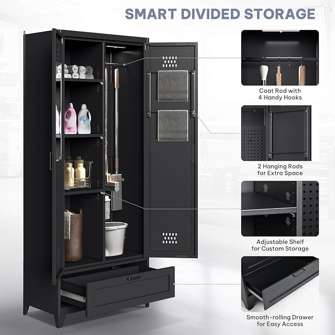 YITAHOME 71" Metal Garage Broom Cabinets with Adjustable Shelves, Vacuum Storage Cabinet with Doors and Drawer, Tool Storage Cabinet for Gym, Basement, Warehouse, Black, Metal | Built-in Pegboard, Adjustable Shelves, Heavy-Duty Metal, for Garage Gym Ba...
