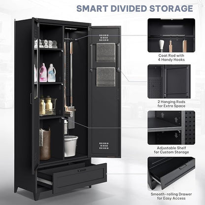 YITAHOME 71" Metal Garage Broom Cabinets with Adjustable Shelves, Vacuum Storage Cabinet with Doors and Drawer, Tool Storage Cabinet for Gym, Basement, Warehouse, Black, Metal | Built-in Pegboard, Adjustable Shelves, Heavy-Duty Metal, for Garage Gym Ba...