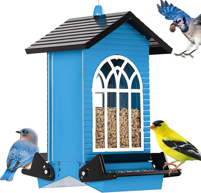 Gbekery Squirrel Proof Bird Feeder for Outdoors,5LB Large Capacity,Metal Wild Bird Seed Feeder with Bilateral Weight-Activated Perches for Outside Hanging,Garden Decoration,Blue