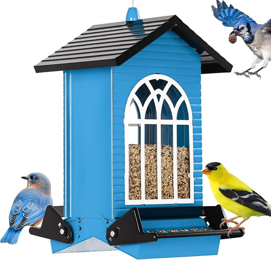 Gbekery Squirrel Proof Bird Feeder for Outdoors,5LB Large Capacity,Metal Wild Bird Seed Feeder with Bilateral Weight-Activated Perches for Outside Hanging,Garden Decoration,Blue