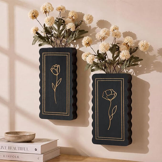2 Pack Wooden Wall Planter Vase, Scalloped Farmhouse Wall Decor with Floral Line Art, Rustic Hanging Pockets for Faux Flowers, Living Room, Bathroom, Entryway(Black)