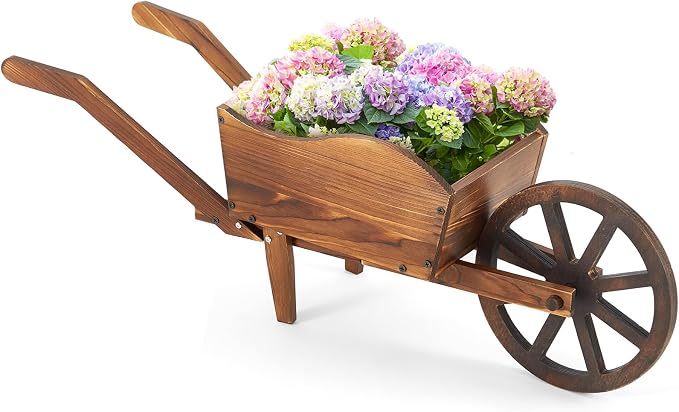 Beeveer Wooden Wagon Flower Planter Cart Garden Planter Box with Wagon Wheels Cart for Home Garden Outdoor Balcony Decorative, Patio Flowers Herbs Vegetables, Brown(Rustic)
