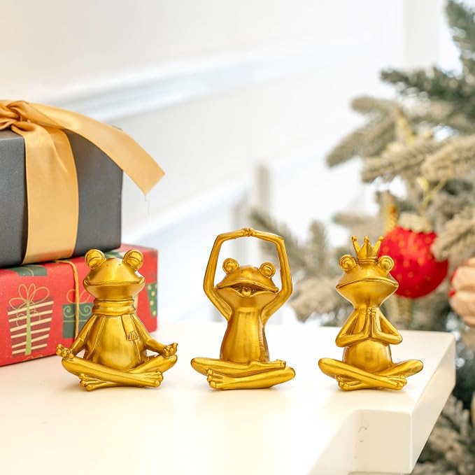 Gold Yoga Frog Figurines Set of 3 - Meditating Resin Zen Statues & Sculptures for Home, Office Desk, Shelf Decor - Cute Frog Lover Gifts for Women, Yoga Enthusiasts