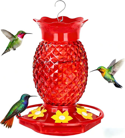 Fchstaer Glass Hummingbird Feeders for Outdoors Hanging 16oz 1 Pack Red Pineapple Bee & Ant Proof 360°Perch Leakproof Easy Clean with 6 Feeding Ports Gifts for Mom