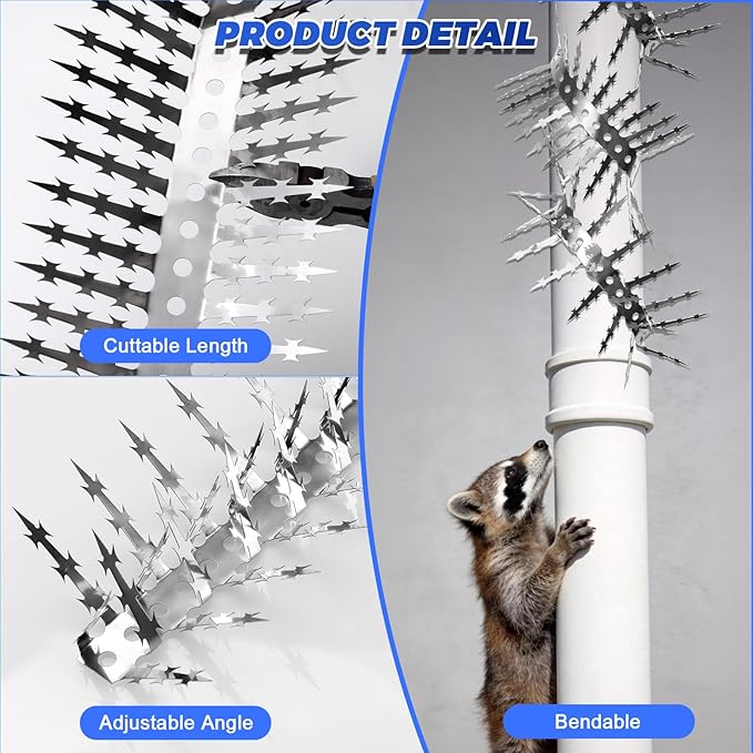 Bird Spikes, Squirrels Spike, Raccoon Snake Deterrent, Squirrel Spikes, Stainless Steel Squirrel baffles for Bird feeders, Anti Climb Spikes for Birdhouse to Keep Mouse Raccoo Away, 10FT