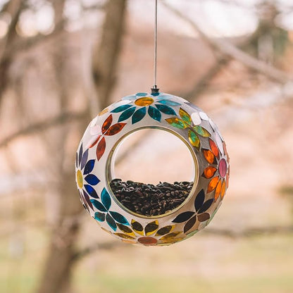 Backyard Expressions Hanging Glass Bird Feeder - Multicolor - Fly Through Bird Feeders for Outside, Mosaic Bird Feeder, Round Shape Wild Birdfeeder