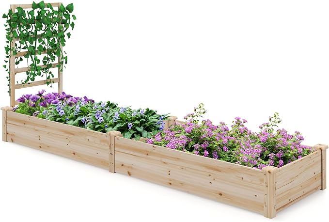 S AFSTAR Raised Garden Bed with Trellis & Planter Box, 93" L x 25" W x 40" H Outdoor Wooden Planter Box Kit for Flower Herb Vegetable Fruit Climbing Vines, Elevated Gardening Bed for Garden Patio