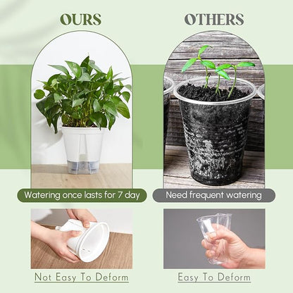 Wonderjune Self Watering Pots for Indoor Plants with Deep Reservoir and High Drainage Holes for Outdoor Plants and Flowers, Bare Root Planter(4.72'', 5.91'', 7.09'',White,9 Pcs)