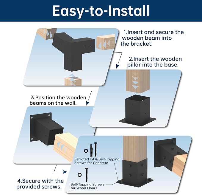 15° Slanted Roof Wall Mounted Pergola Bracket Kit 4x4, Including 2 Wall Bases, 2 105 ° 3-Way and 2 Bases, Angled 4x4 Wooden Beams Lumber Gazebos Patio Pergola Sheds Lean to Porch Roof