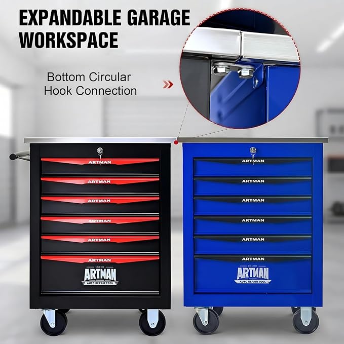 6-Drawer Rolling Tool Chest, Lockable Stainless Worktop for Garage, Blue | Heavy Duty Metal Tool Cabinet with Drawers on Wheels for Warehouse and Workshop Storage
