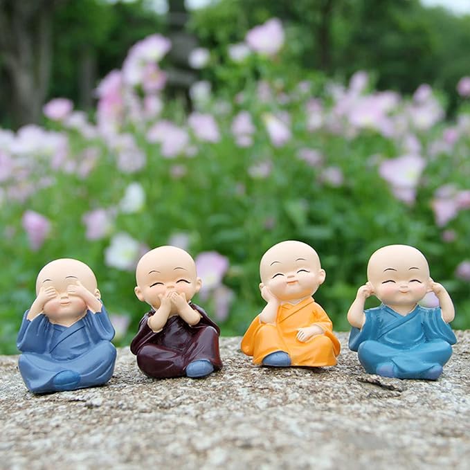 4PCS Cute Kung Fu Monk Statue Miniature Buddha Figurine Wise Figure Little Monk Sculpture Collectibles Crafts Arts Zen Ornaments Wall Shelf Desktop Garden Home Office Car Decoration Gift (A)