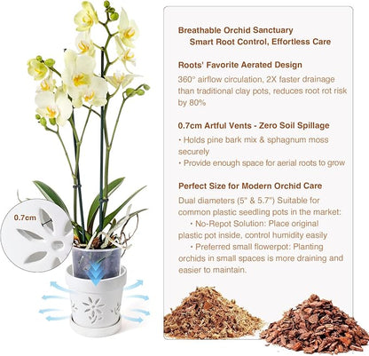 STHIE Small Orchid Pots with Holes 5 Inch & 6 Inch, Ceramic Orchid Pots for Repotting, 2 Pack Breathable Slotted Orchids Planter, White Flower
