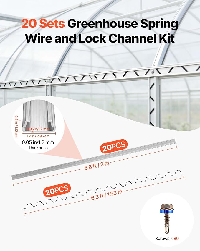 VEVOR Greenhouse Spring Wire and Lock Channel, 20 Packs 6.56 ft PVC-Coated Wiggle Wire & Aluminum Alloy Channel Bundle Kit with Included Screws, 0.05 in Thickened, Poly Film & Shade Cloth Attachments