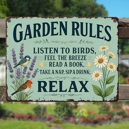 PEACHGARDEN Garden Rules Decor Yard Art Garden Wall Art Decor Vintage Metal Sign Rustic Tin Sign for Patio She Shed Backyard 12x16 inch