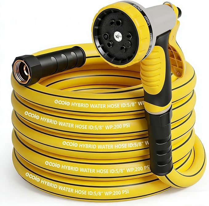 Heavy Duty Garden Hose 25 ft, NON-EXPANDABLE Water Hose with 10 Function Spray Nozzle, Lightweight Kink-less Hybrid Hose with Swivel Handle, Male to Female Fittings (Yellow, 25FT)