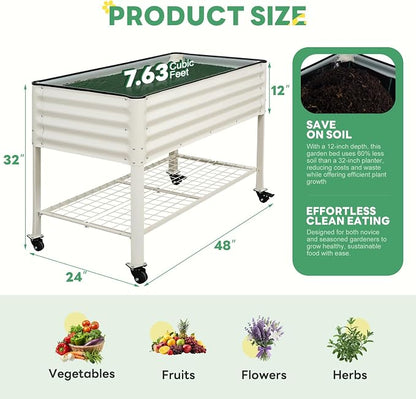 Elevated Raised Garden Bed with Legs and Wheels- 48''x24''x32'' Galvanized Metal Standing Planter Boxes Outdoor with Bottom Storage Shelf for Backyard, Patio, Balcony, Vegetables, Flowers, White