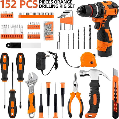 16.8V Brushless Cordless Drill Driver Kit 158PCS, Household DIY Hand Power Tool Combo Set for Professional Garden Office Home Repair Orange