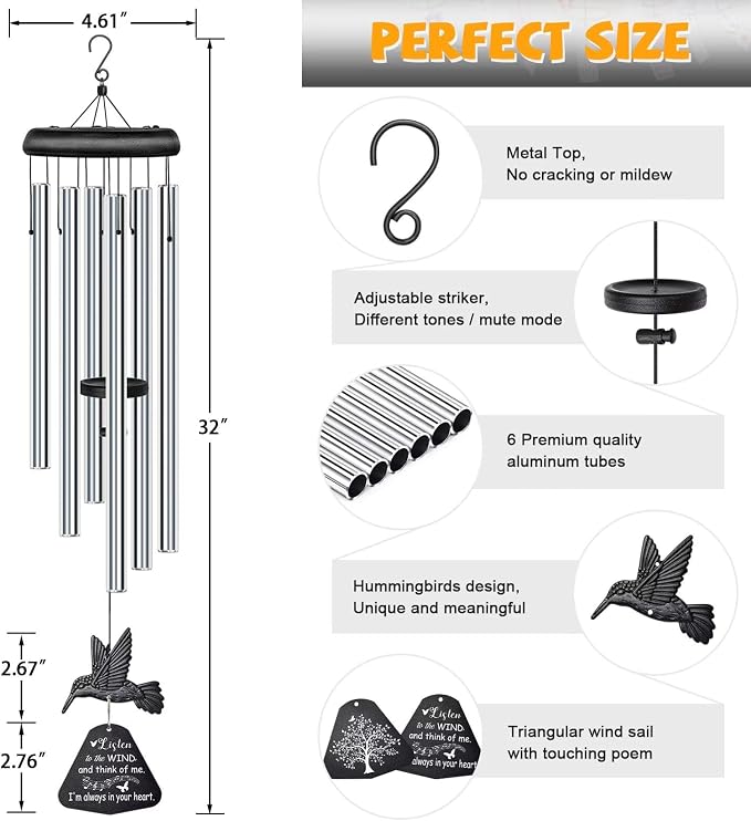 Sympathy Wind Chimes for Outside Deep Tone, Memorial for Loss of Loved One Prime, Bereavement Condolence Remembrance Funeral Gifts for Grieving Friends Loss of Mother Father