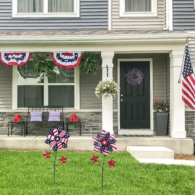 YEAHOME 4th of July Decorations Outdoor, 22.4" Set of 2 Red White Blue Metal Flowers Decorative Garden Stakes for Memorial Day Decorations, Yard Signs Patriotic Decorations for Garden Lawn Porch