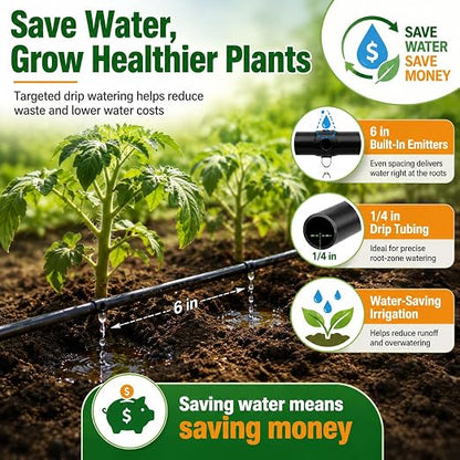 1/4 Drip Irrigation Tubing 200FT, Dripline Tubing with 6 Inch Emitter Spacing, Built-in 0.5 GPH Drippers, 1/4 Irrigation Tubing Drip Line with Fittings and End Plugs for Raised Beds, Garden Rows