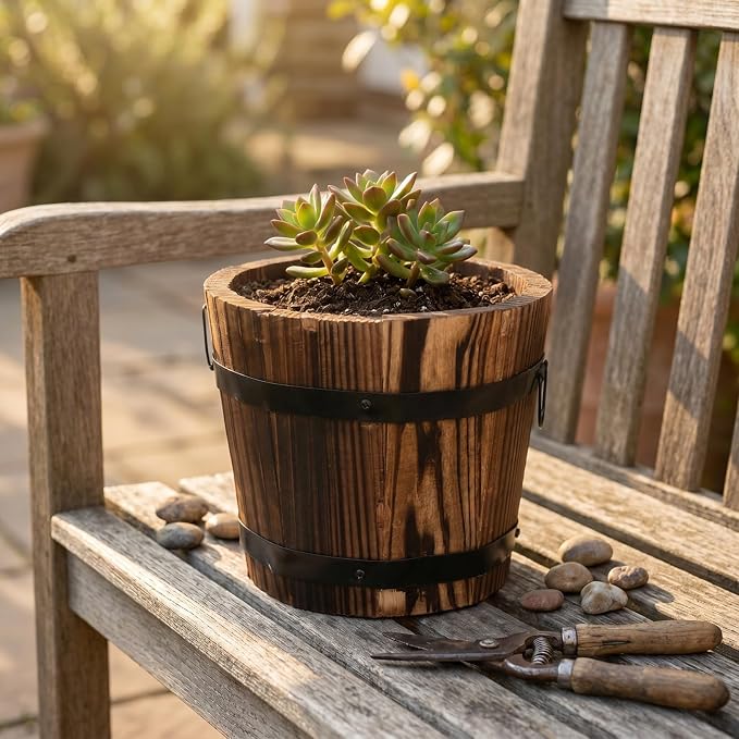 DOITOOL Rustic Wooden Barrel Planter: Wood Whiskey Barrel Bucket Flower Pots Indoor Outdoor Plants Boxes Container for Home Garden Patio Backyard - 7.08 x 5.9 x 5.1 inches (Small)