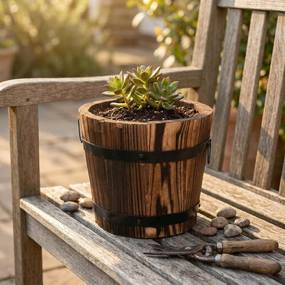 DOITOOL Rustic Wooden Barrel Planter: Wood Whiskey Barrel Bucket Flower Pots Indoor Outdoor Plants Boxes Container for Home Garden Patio Backyard - 7.08 x 5.9 x 5.1 inches (Small)