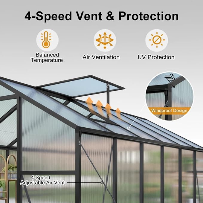 6x14 FT Greenhouse, Walk-in Outdoor Polycarbonate Garden Greenhouses with Aluminum Frame, 4mm PC Panels, Adjustable Roof Vents & Lockable Hinged Door for Backyard Growing, Black