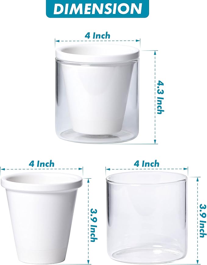 D'vine Dev 4 Inch Design Self Watering Planter for Indoor Plants, White Terracotta Pots with Cylinder Glass Cup, 37-X-A-2
