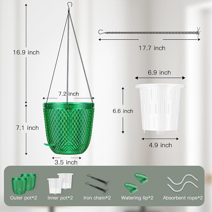 QCQHDU Hanging Planters for Indoor Plants, 2-Pack, 7.2 Inch, Emerald | Plastic, Self Watering Plant Hanger, with Drainage Holes, 3 Hooks Chains, For Garden Home