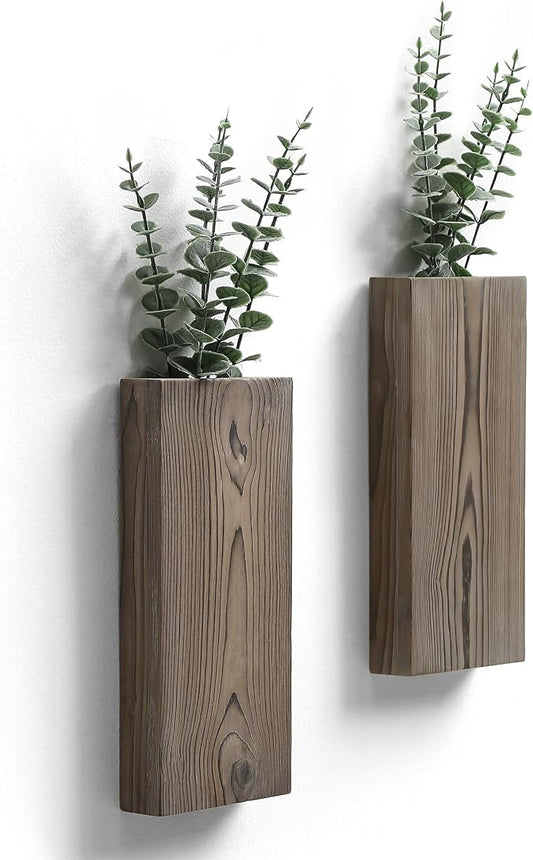 Wood Wall Planter Set of 2, Wood Wall Pocket for Greenery and Dried Flowers, Indoor Wood Hanging Vase, Modern Farmhouse Wall Decor for Living Room Bedroom Office Eucalyptus Stems Decorations (Grey)