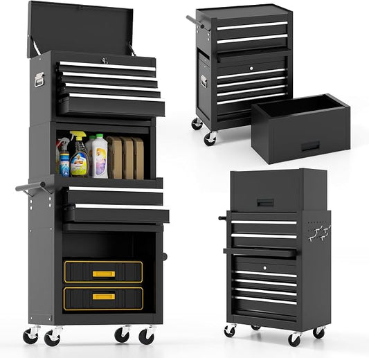 ARNOT 2-in-1 Rolling Tool Chest with 5 Drawers, Heavy-Duty Metal Tool Box with Wheels, Detachable Top Tool Box & Rolling Tool Cabinet for Garage, DIY (6-Drawers Whith Middle Box, Black)