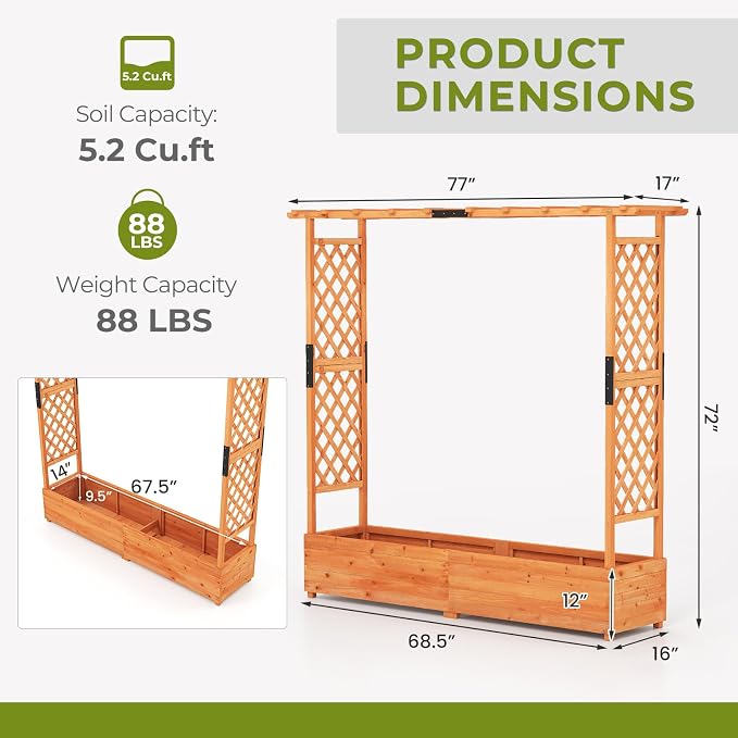 ORALNER Raised Garden Bed with Trellis, Wooden Planter Box with Climbing Frame, Outdoor Elevated Garden Box for Vegetables, Herbs, Flowers, Fruits (Extra Large)