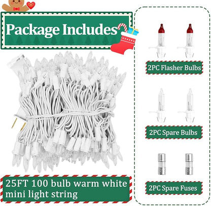 Warm White Christmas Lights Outdoor, 25FT 100 Count Incandescent Mini Christmas Lights White Wire, Waterproof Fairy Lights, Connectable Xmas String Lights for Christmas Tree, Garland, Wedding Decor