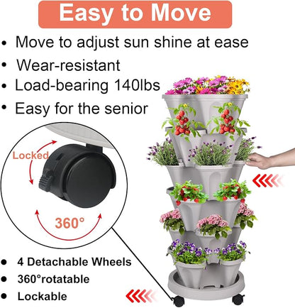 GameXcel Vertical Planter Tower - 6 Tier Stackable Garden Planters with Wheels and Tools Plant Pots for Strawberry Herb Flower and Vegetable Indoor Outdoor Use Gray