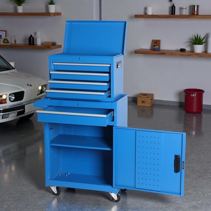 Tool Chest, 5-Drawers Rolling Tool Storage Cabinet with Detachable Top, Adjustable Shelf, Lockable Wheels & Locking Mechanism, Multifunctional Tool Cart for Garage Warehouse, Blue