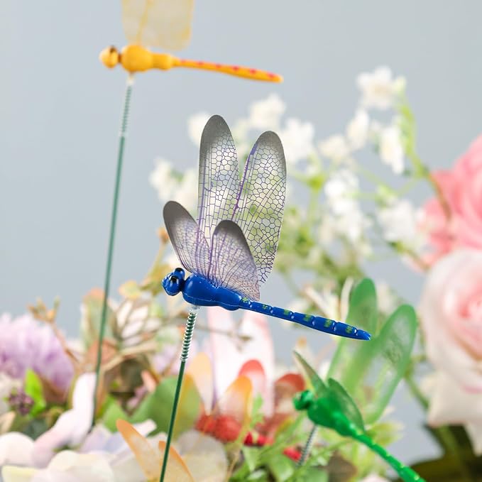 VGOODALL 24 PCS Dragonfly Garden Stakes, Plastic Garden Decorations | 4 Colors Dragonfly Ornaments for Indoor, Outdoor Yard