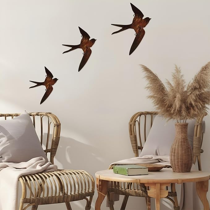 Kathfly 3 Pcs Rusty Metal Birds Outdoor Garden Art Farmhouse Rustic Bird Wall Ornaments Decor Vintage Metal Statue Wall Art for Fence Yard Decoration Outdoor and Garden 8.27", 7.09", 5.91"