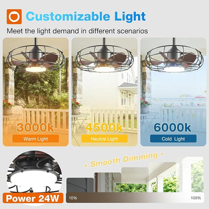 addlon 20 Inch Outdoor Ceiling Fan with Light for Patio, IP65 Waterproof Plug in Caged Hanging Fan, Remote Control, 3000-6000K Dimmable, 6 Speeds Reversible Outdoor Fan for Gazebo, Pergola, Porch