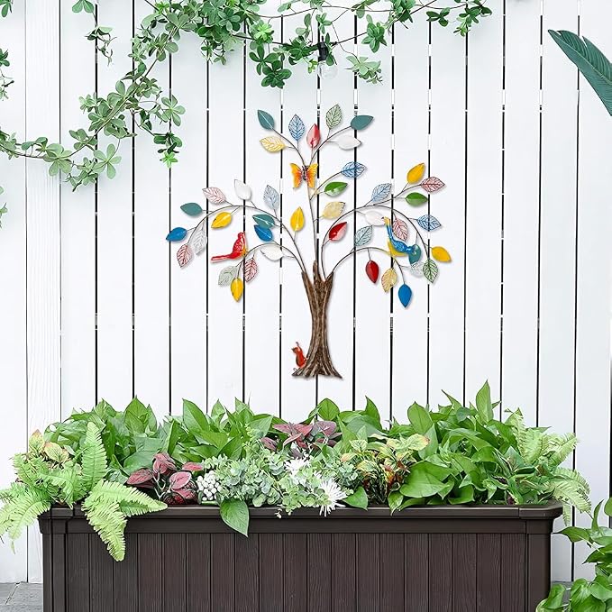 dreamskip 25" Tree of Life Metal Wall Art with Colorful Leaves and Birds, Large Metal Tree Wall Decor Sculpture Outdoor Indoor, Living Room, Patio, Fence, Bedroom, Garden Decoration