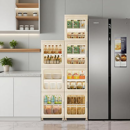 3-Tier Slim Bathroom Storage Cabinet for Small Space,Beige | Quick Assembly,Foldable,Plastic Organizers,Magnetic Doors,Adjustable Shelves,Narrow Storage Cabinet,Wheels