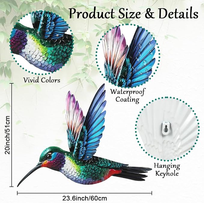 VEWOGARDEN Bird Wall Art, Large Outdoor Metal Hummingbird Hanging Wall Decor for Home Outside Patio Garden Fence Decorations