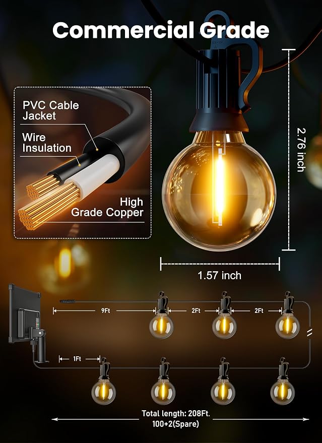 Brightown 208FT 102LED Solar String Lights Outdoor with Remote & USB Port, Shatterproof Bulbs, Dimmable & Timable, 3 Modes, Patio Lights with Mount Clips for Backyard Garden Decor - Last for 40+Hrs