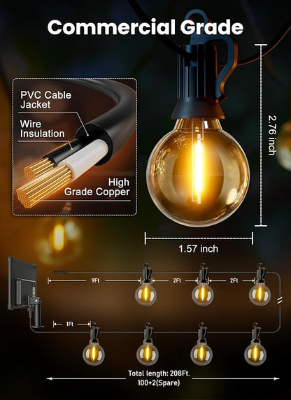 Brightown 208FT 102LED Solar String Lights Outdoor with Remote & USB Port, Shatterproof Bulbs, Dimmable & Timable, 3 Modes, Patio Lights with Mount Clips for Backyard Garden Decor - Last for 40+Hrs