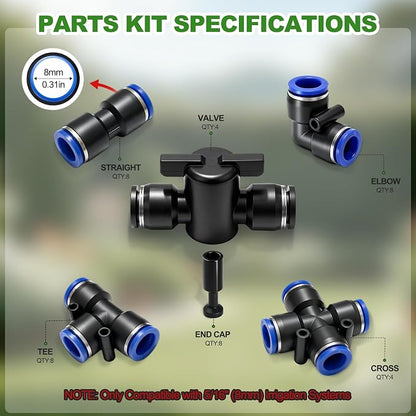 40PCS 5/16" Drip Irrigation Fittings, Quick Connect Drip System Parts | Drip Irrigation Connector Kits, Straight, Tee, Elbow, Cross Connectors, Valves and End Caps, DIY Garden Sprinkler System