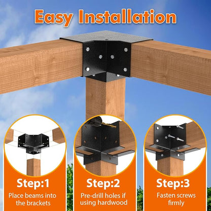 3-Way & 4-Way Pergola Brackets, 4"x4" Pergola Kit, Wood Post Base Bracket for Gazebos, Patio Pergolas, Log Cabin, Wooden Beams (12PCS)