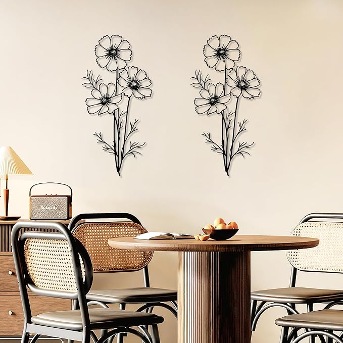 DETENE 2-Pack Black Silhouette Flower Metal Wall Art – Simple Minimalist Modern Decorative Metal Flower Wall Decor for Living Room, Bedroom, Office
