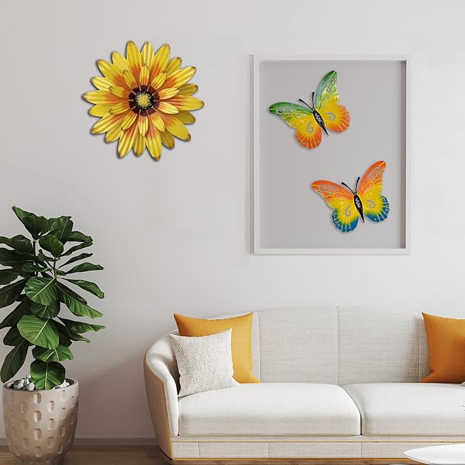 Meduofon Metal Flowers Wall Decor and Butterfly Wall Art, 3 Pack Metal Outdoor Wall Art Decor, Fence Art Wall Sculptures for Indoor Outside Garden Patio Decorations (Yellow&Green)