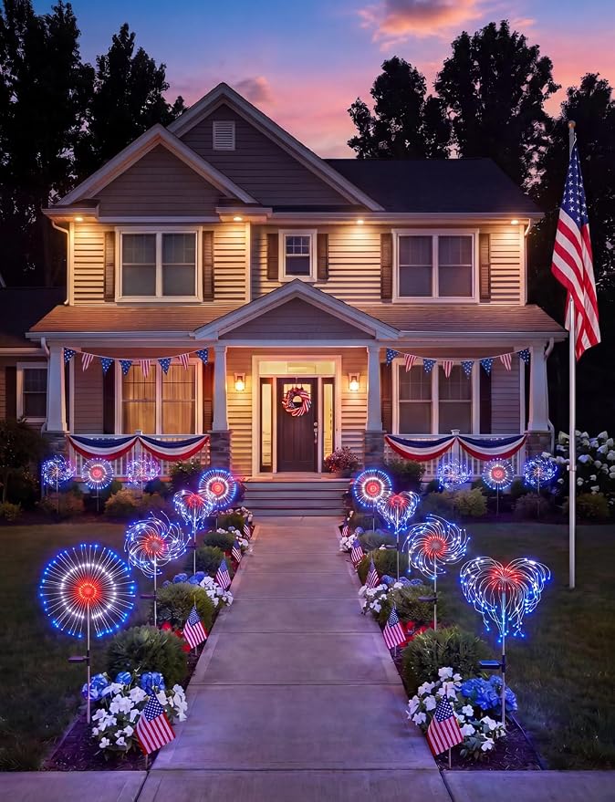 Red White Blue Solar Lights Outdoor, 4th of July Decorations, 2 Pack 150LED Solar Firework Patriotic Decor, Fourth of July Fairy Lights with 8 Modes for Yard Garden Pathway Patio Independence Day