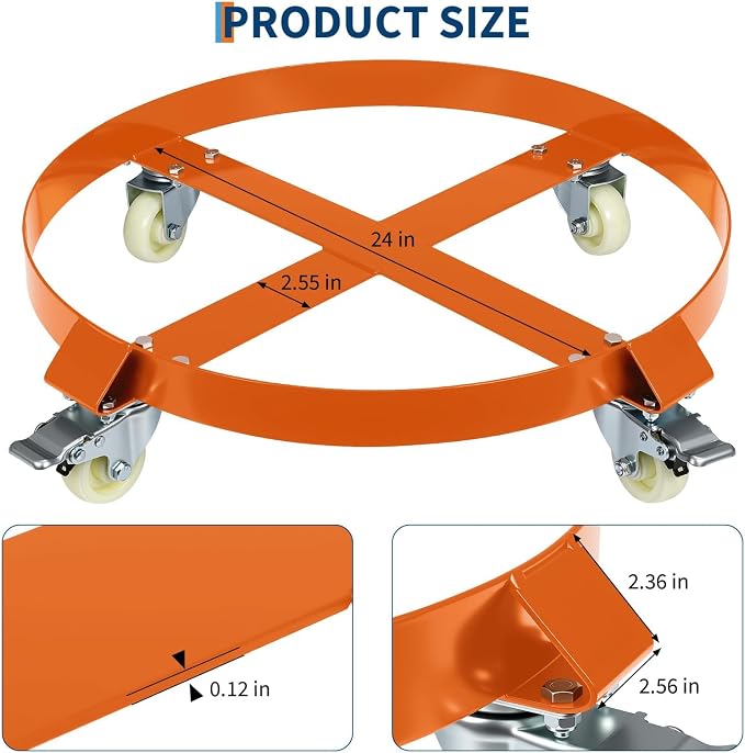 55-Gallon Drum Dolly, Heavy Duty 1000Lbs Load Capacity,Barrel Dolly Cart with Cross Braces & Swivel Casters Wheel,Steel Fram,Non Tipping Design,Barrel Cart with Brake for Warehouse Drum Handling